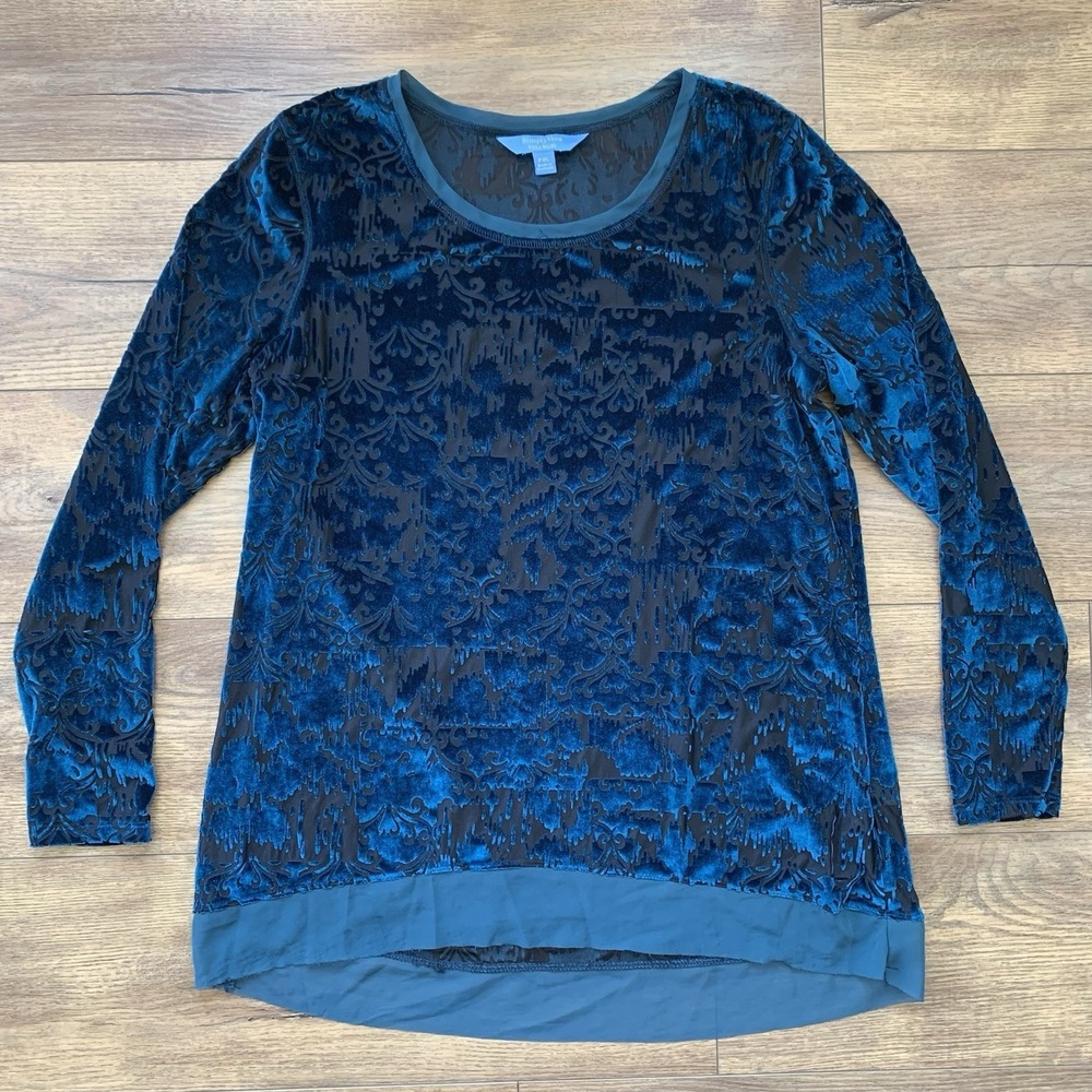 Simply Vera Wang Petite XL Teal Blue Black Burnout Velvet Long Sleeve Top